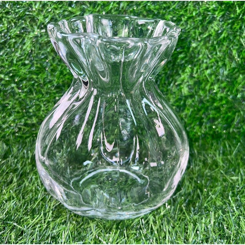 Clear Glass Drawstring Bag Pouch Vase Ruffled Rim Ribbed Texture 7in